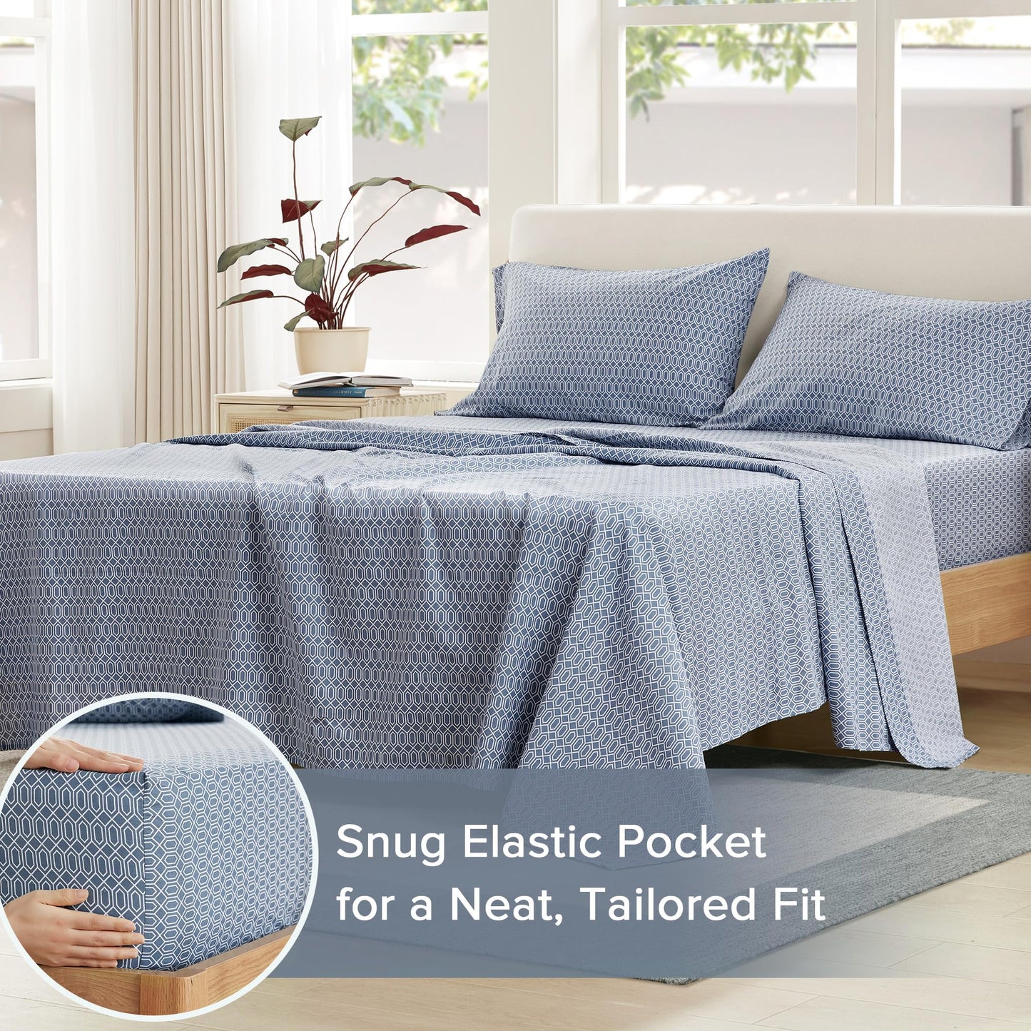 Comfort Spaces 100% Cotton Sheet Set Breathable, Lightweight, Soft with 14" Elastic Pocket Fits up to 16" Mattress, All Season Cozy Bedding, Matching Pillow Case, Cal King Diamond Blue 4 Piece