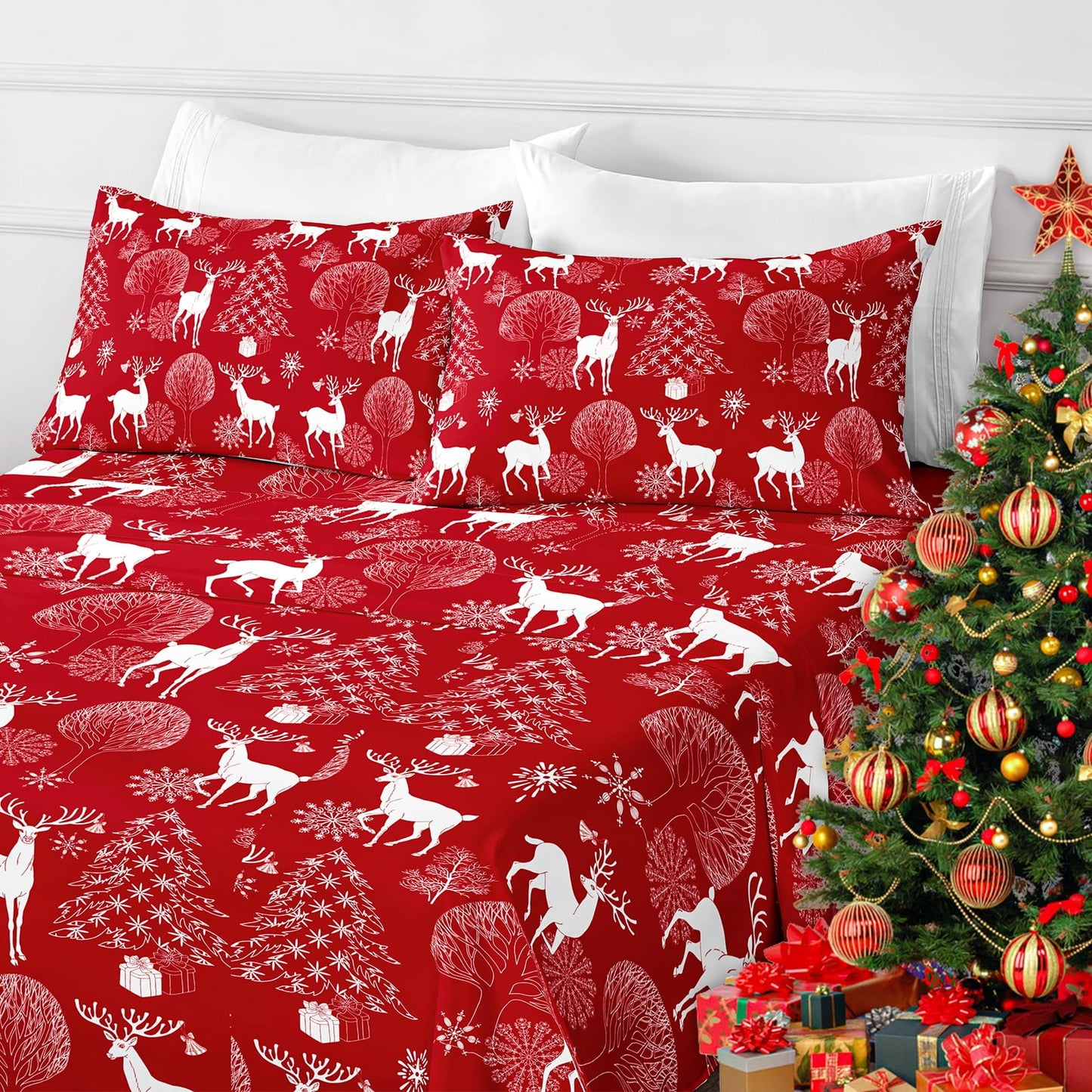 HCORA Christmas Queen Sheet Set, Luxury 1800TC Hotel Quality Double Brushed Microfiber Deep Pocket Bed Sheets, Ultra Soft, Breathable, 4PC, Queen Size
