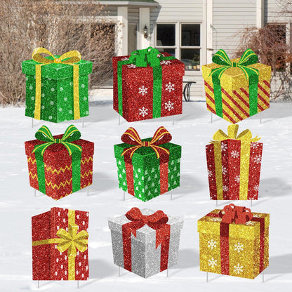 Tiamon 9 Pcs Christmas Decoration Outdoor Present Yard Sign with Stakes Xmas Lawn Gift Box Decor for Home Outdoor Pathway Walkway Patio Garden Party Supplies