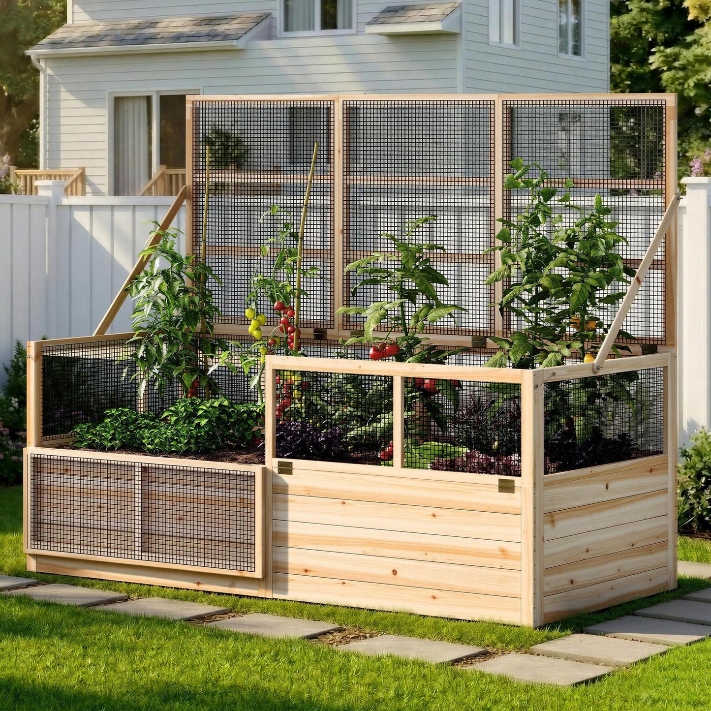 AMERLIFE Raised Garden Bed with Hinged Fencing and Trellis, 18 Inch Deepened Wood Planter Box, 2 PCS Flip-up Front Panel, Easy Assembly, Ideal for Seed Starting and Growing Vegetables & Fruits