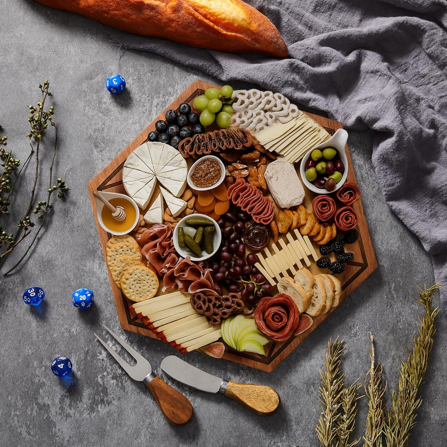 Ziliny D20 Shaped Charcuterie Board Set Cutting and Cheese Board Wooden Platter with Knives and Forks Serving Trays Gift for Christmas Kitchen Food Fruit(Acacia)