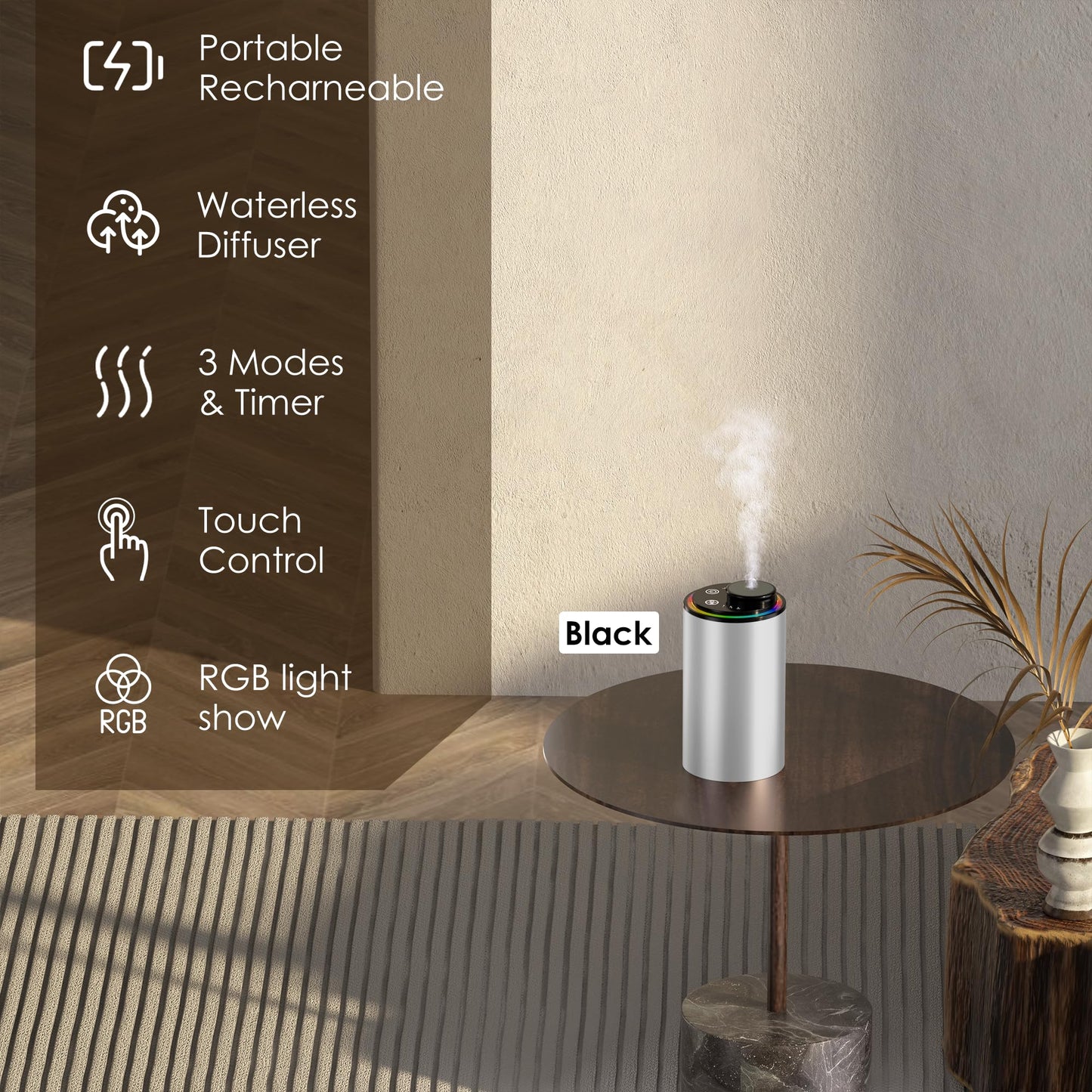 Waterless Essential Oil Diffuser, Diffuser,Portable Aromatherapy Diffuser,Light Show,3 Countdown Timers & 3 Mist Levels for Home, Room, Car, Office (Black)