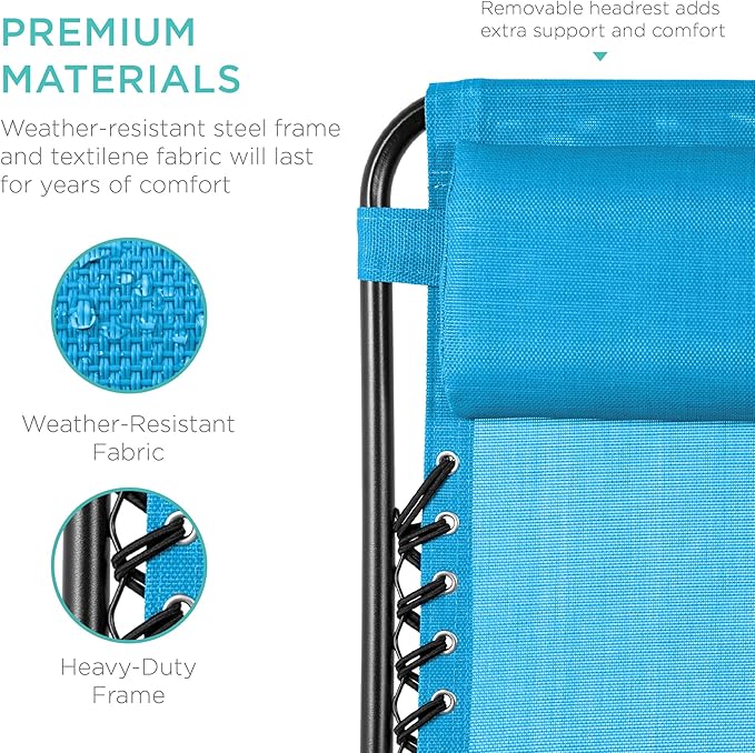 Best Choice Products Set of 2 Adjustable Steel Mesh Zero Gravity Lounge Chair Recliners w/Pillows and Cup Holder Trays - Light Blue