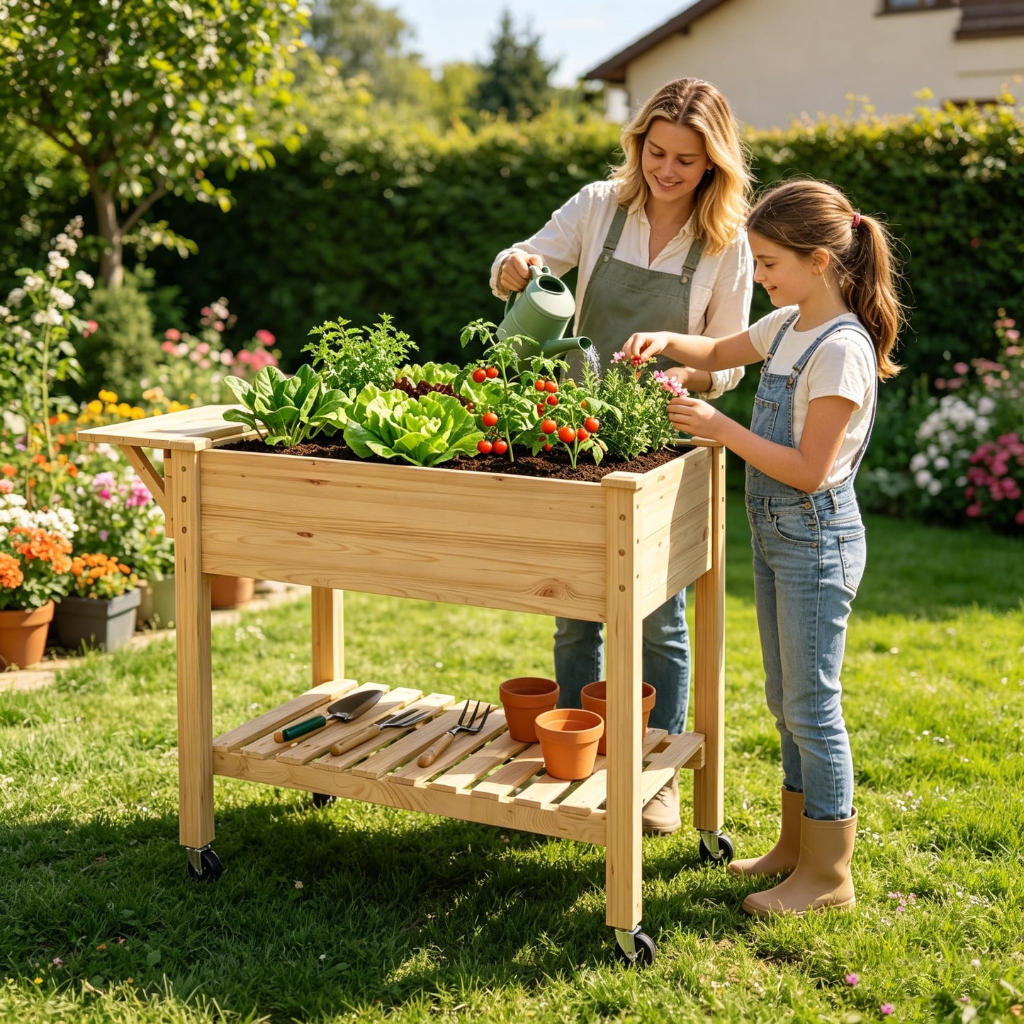 Cakhdry Raised Garden Bed with Legs and Wheels, Self-Watering System, 34x18x30in Elevated Planter Box with Storage Shelf & Liner for Flowers Vegetables Herbs, Raised Bed for Outdoor/Balcony/Patio