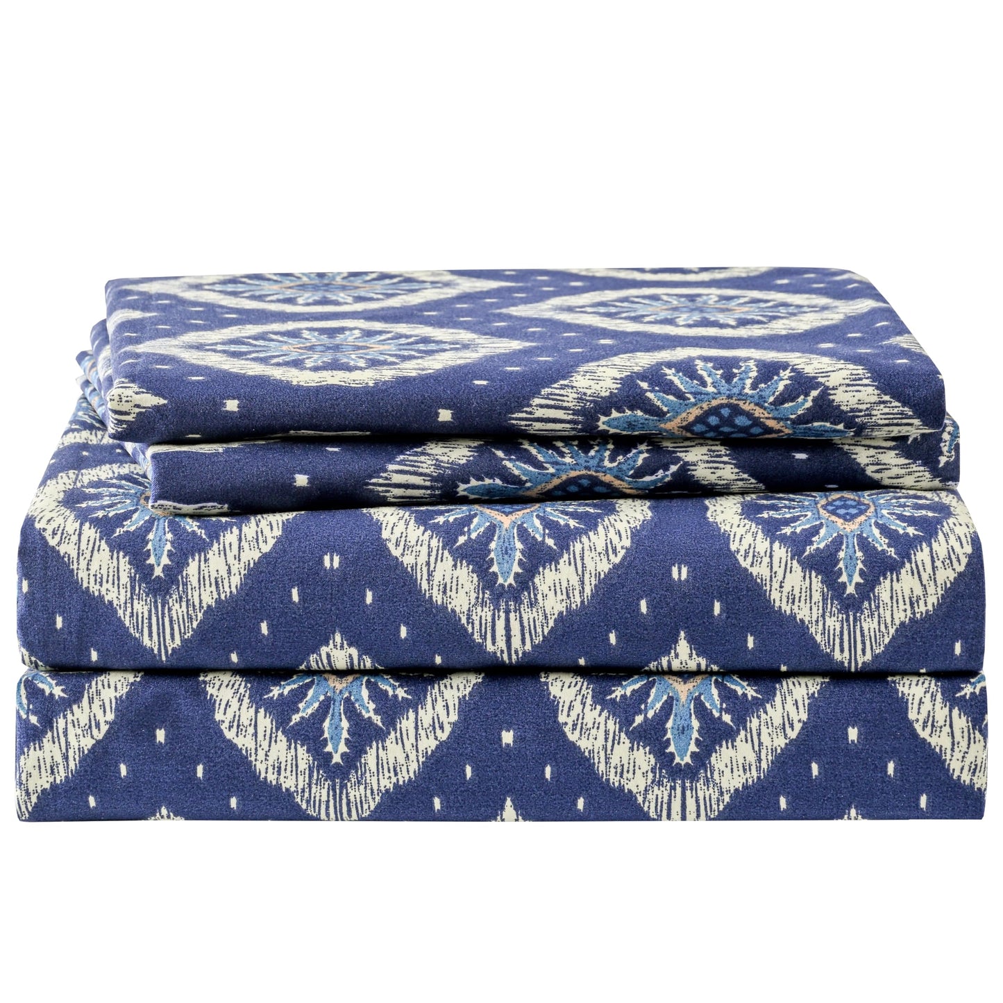 Yibeizi Navy Blue Patterned King Sheet Set Boho Printed Bed Sheets Microfiber Bedding Sheets & Pillowcases Soft 15" Extra Deep Pocket Fitted Bedsheet 4 Piece