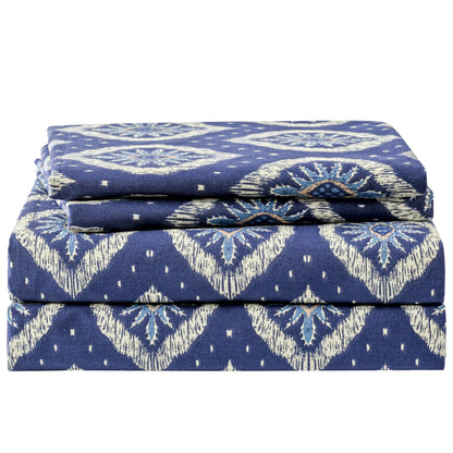 Yibeizi Navy Blue Patterned King Sheet Set Boho Printed Bed Sheets Microfiber Bedding Sheets & Pillowcases Soft 15" Extra Deep Pocket Fitted Bedsheet 4 Piece