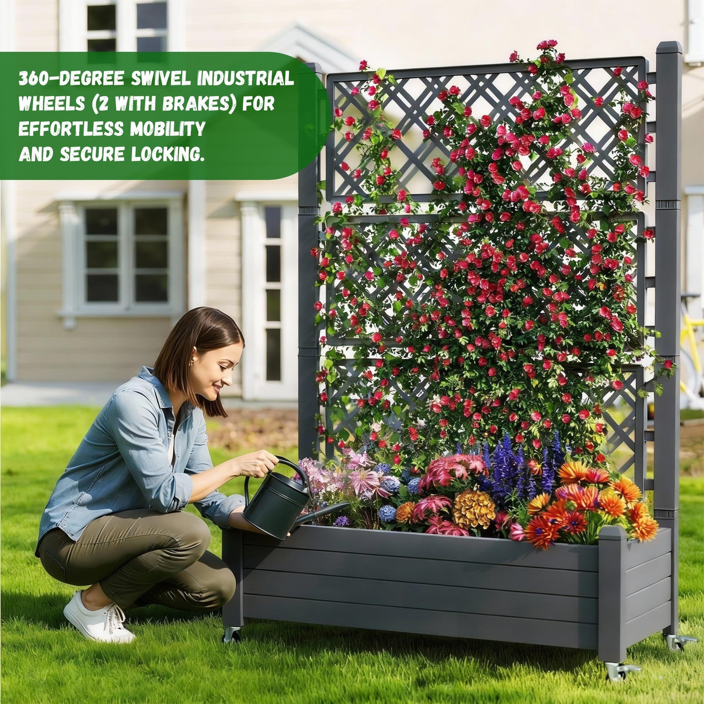 GYMHILL Elevated Raised Garden Bed with Trellis, 21 Gallon Self-Watering Outdoor Resin Planter Box with Lockable Wheels Drain Plug & Water Monitor for Plants Vegetables Flowers Fruits (Black)