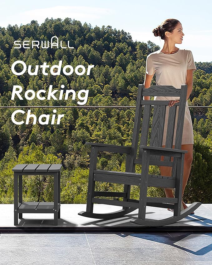 SERWALL Gray Outdoor Rocking Chair Set of 4, All Weather Patio Rocking Chair, HDPE Poly Rocking Chair for Adults, Heavy Duty Front Porch Rocker