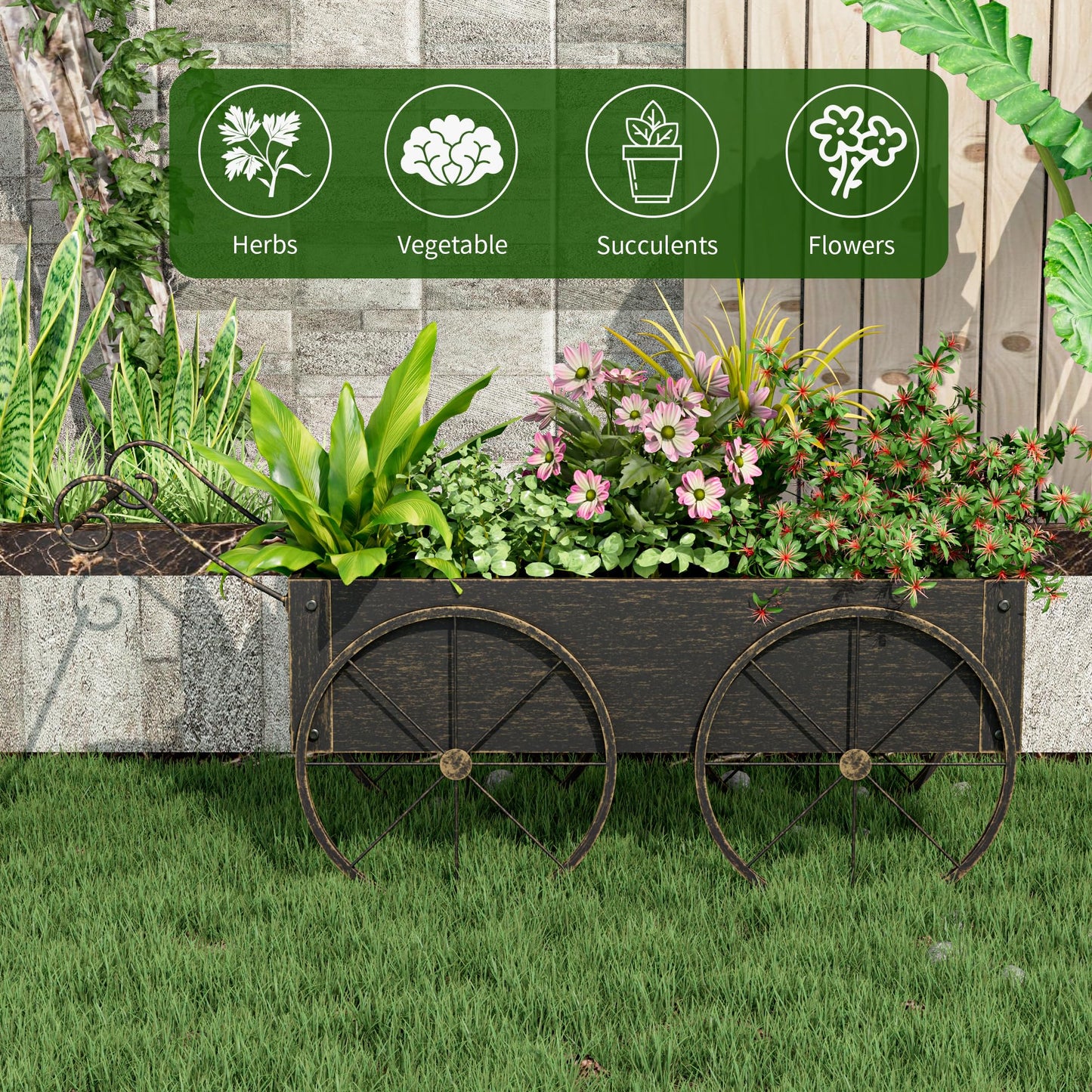 Athuiline Metal Raised Garden Bed with Wagon Wheels, Small Planter Raised Beds, Outdoor Planter Box for Flowers Herbs, Vegetables, Decorative Flower Cart for Patio, Balcony (Retro Gold)