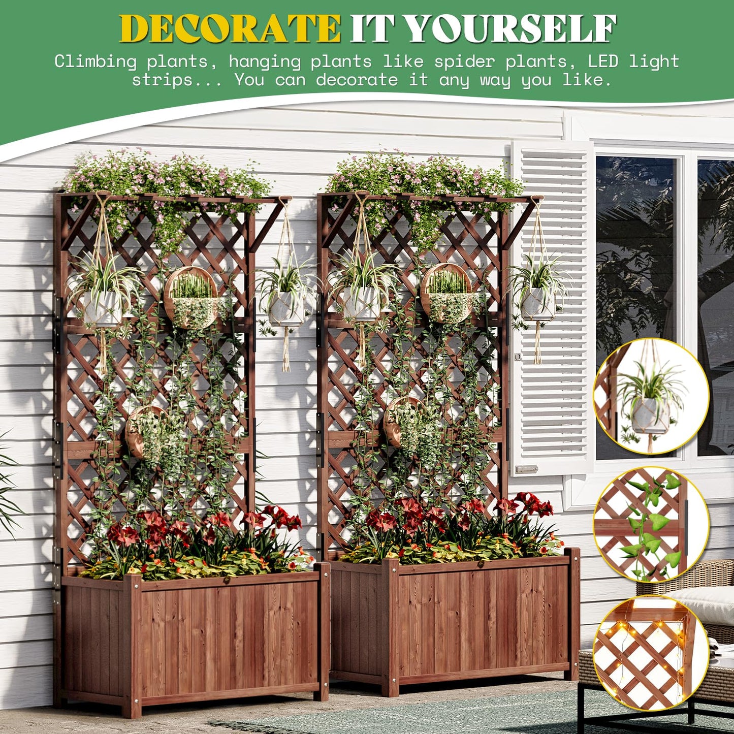 AMERLIFE Raised Garden Bed with Trellis for Vegetables, Climbing Plants, Durable Natural Wood Planter Box with Drainage Holes, Privacy Planter for Outdoor Yard & Patio, Easy Assembly