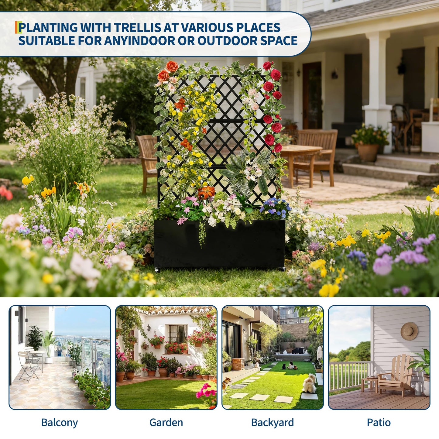 Garvee Galvanized Raised Garden Bed with Trellis, 71"X35.04"X16" Planter Box with Lockable Wheels, Drainage Holes & Privacy Screen for Vegetables, Vines on Patio, Deck, Yard, Black