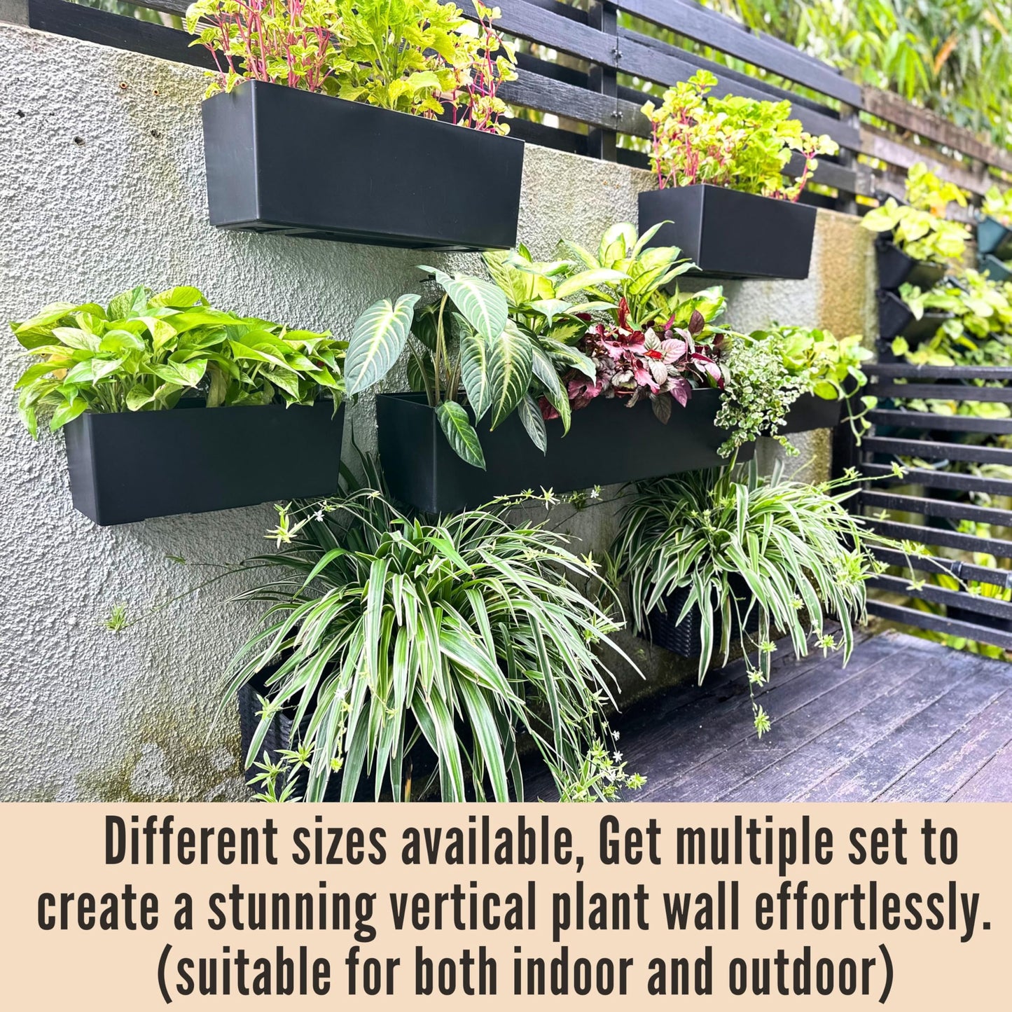 LaLaGreen Wall Planters for Outdoor (2 Pack, 14 Inch) Black Self Watering System Hanging Plant Box Flower Pot, Rectangular Wall Mount Indoor Vertical Living Garden Decoration Window Sill Herb Trendy