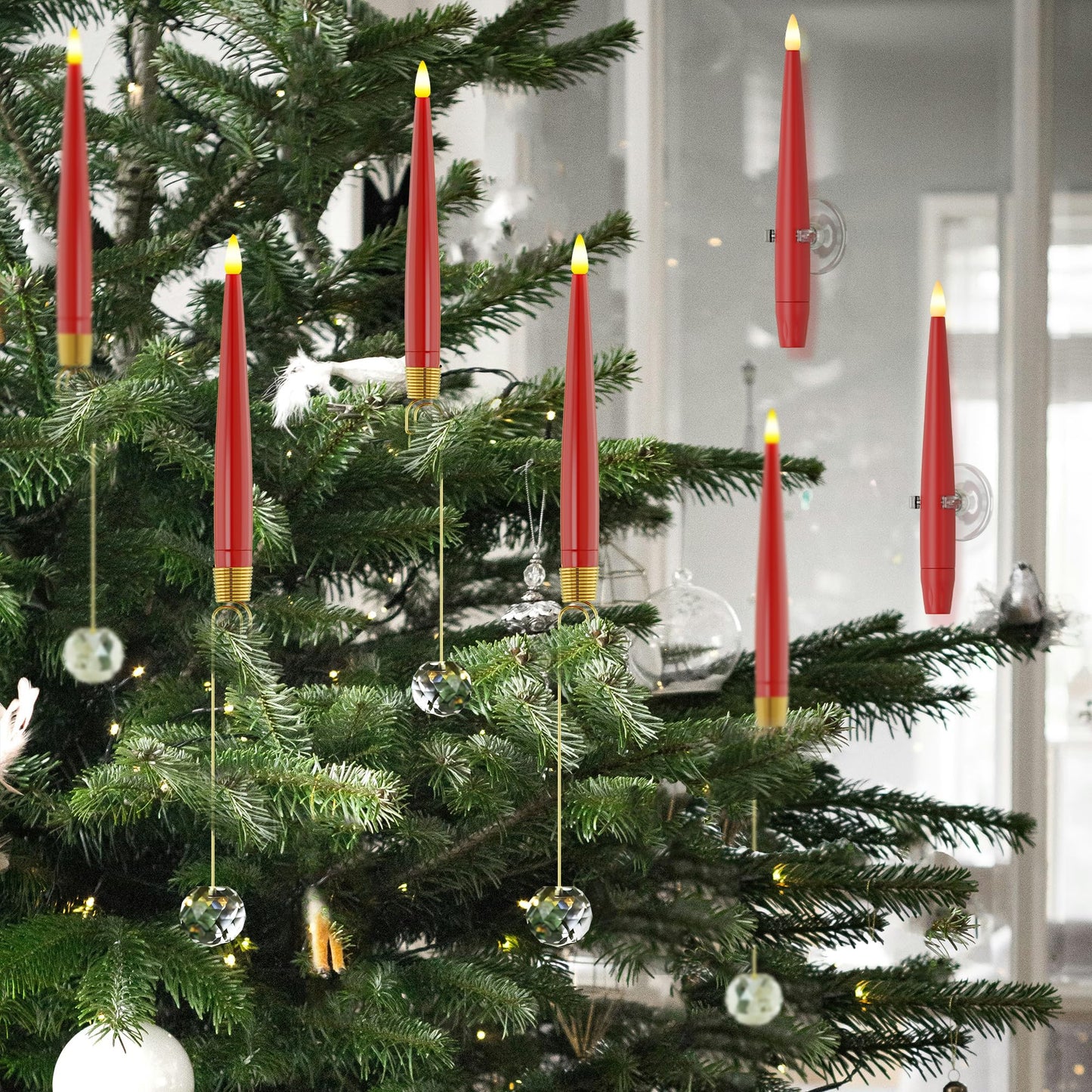 JOIONE Flameless Christmas Tree Candles with Remote, 12 Pack Battery Operated LED Candles with Suction Cup for Christmas Tree, Flickering Flame for Xmas Indoor Decor - Red Candle
