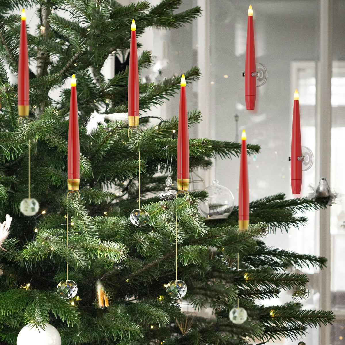 JOIONE Flameless Christmas Tree Candles with Remote, 12 Pack Battery Operated LED Candles with Suction Cup for Christmas Tree, Flickering Flame for Xmas Indoor Decor - Red Candle