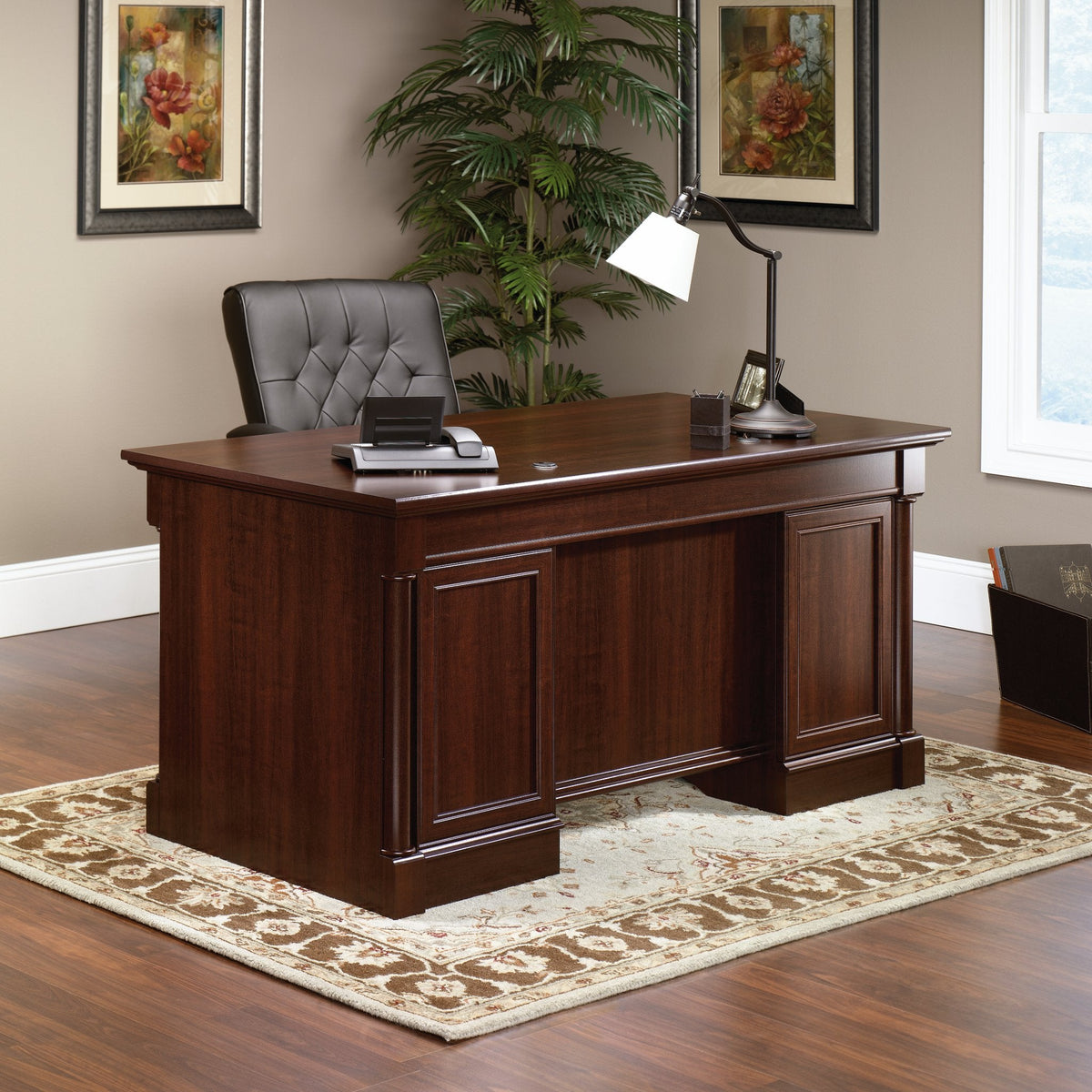 Sauder Palladia Office Desk with Drawers, Executive Desk with File Cabinet Storage, Cable Management, Keyboard Tray, in Select Cherry Finish