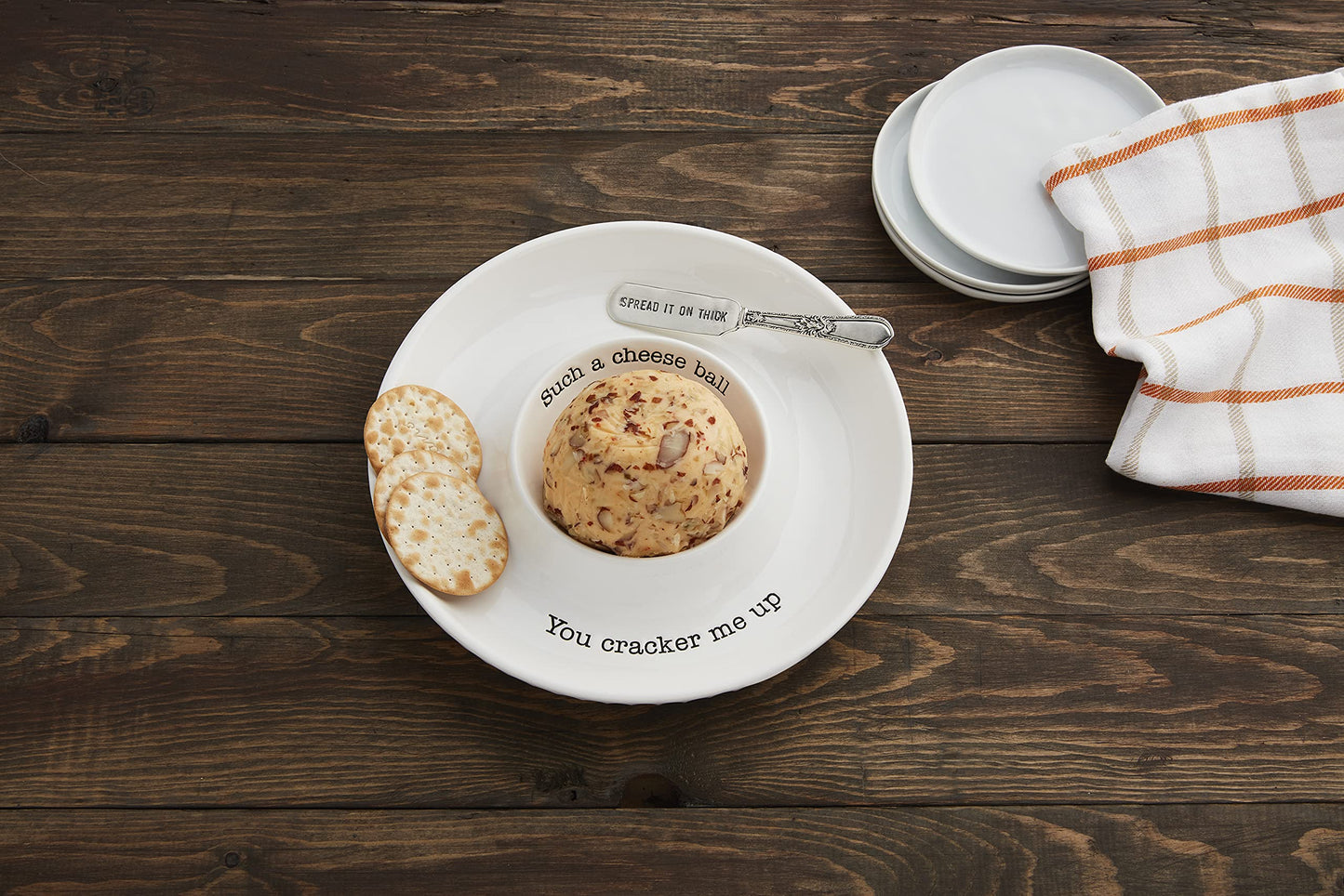 Mud Pie Circa Cheese Ball Dish Set,White, dish 1 1/2" x 9 1/2" dia | spreader 5 1/2"