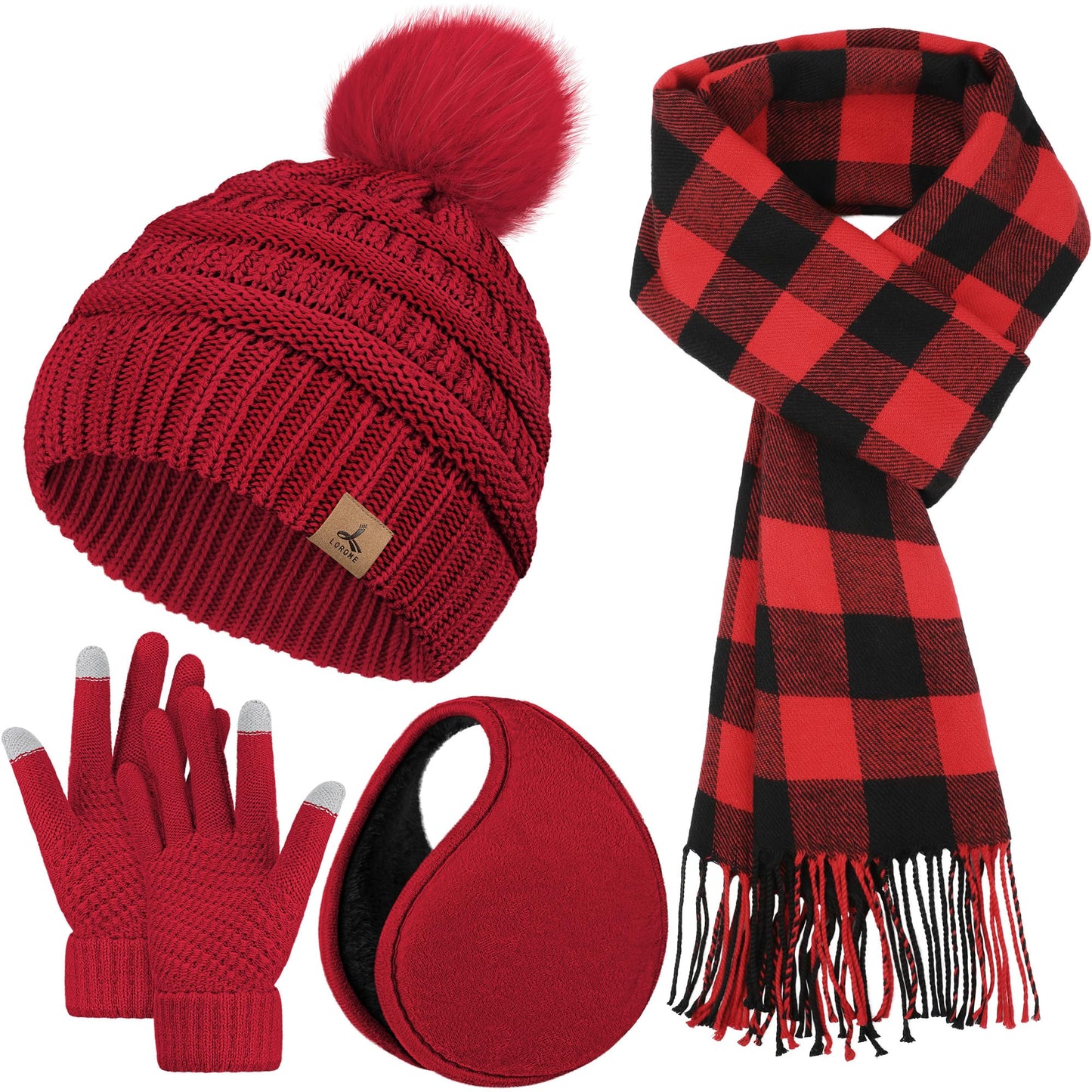 Winter Hat Scarf Gloves and Ear Warmer, Knit Warm Beanie Hat Touch Screen Gloves Long Knitted Plaid Scarf Set Gifts for Women Red