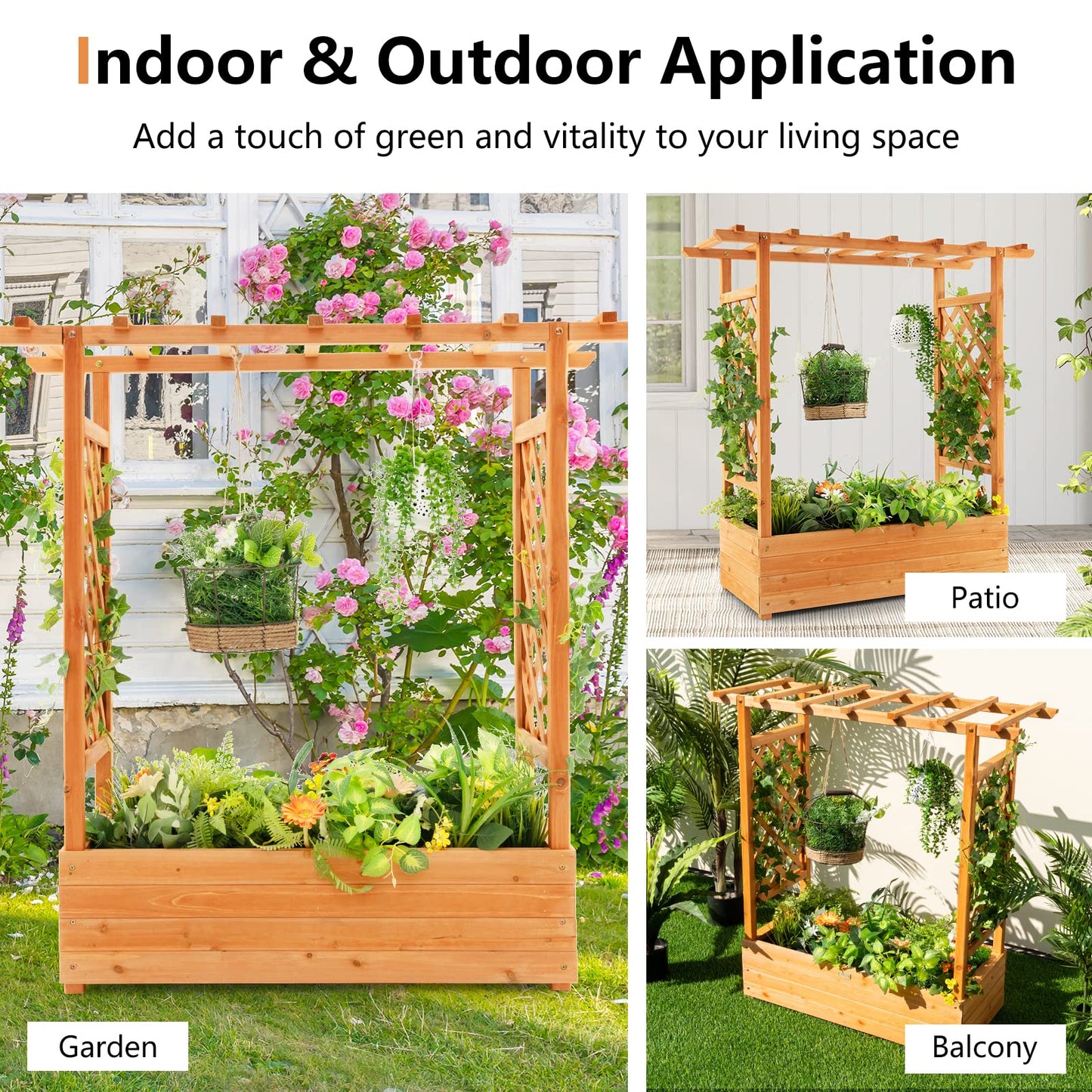 S AFSTAR Raised Garden Bed with Arch Trellis, Wood Planter Box with Hanging Roof, Side Trellis, 4 Drainage Holes, Above Ground Elevated Garden Bed for Outdoor Climbing Plants Vines Patio