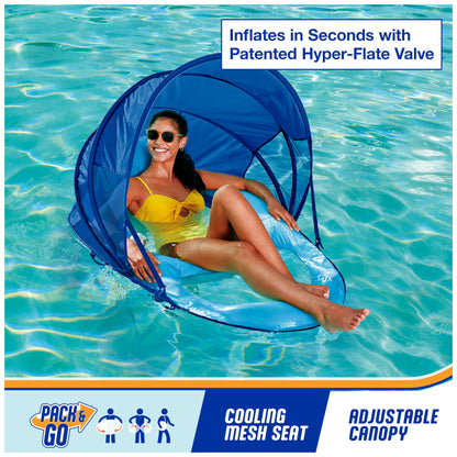 SwimWays Spring Float Premium Recliner Pool Lounge Chair with Adjustable Canopy and Hyper-Flate Valve, Blue
