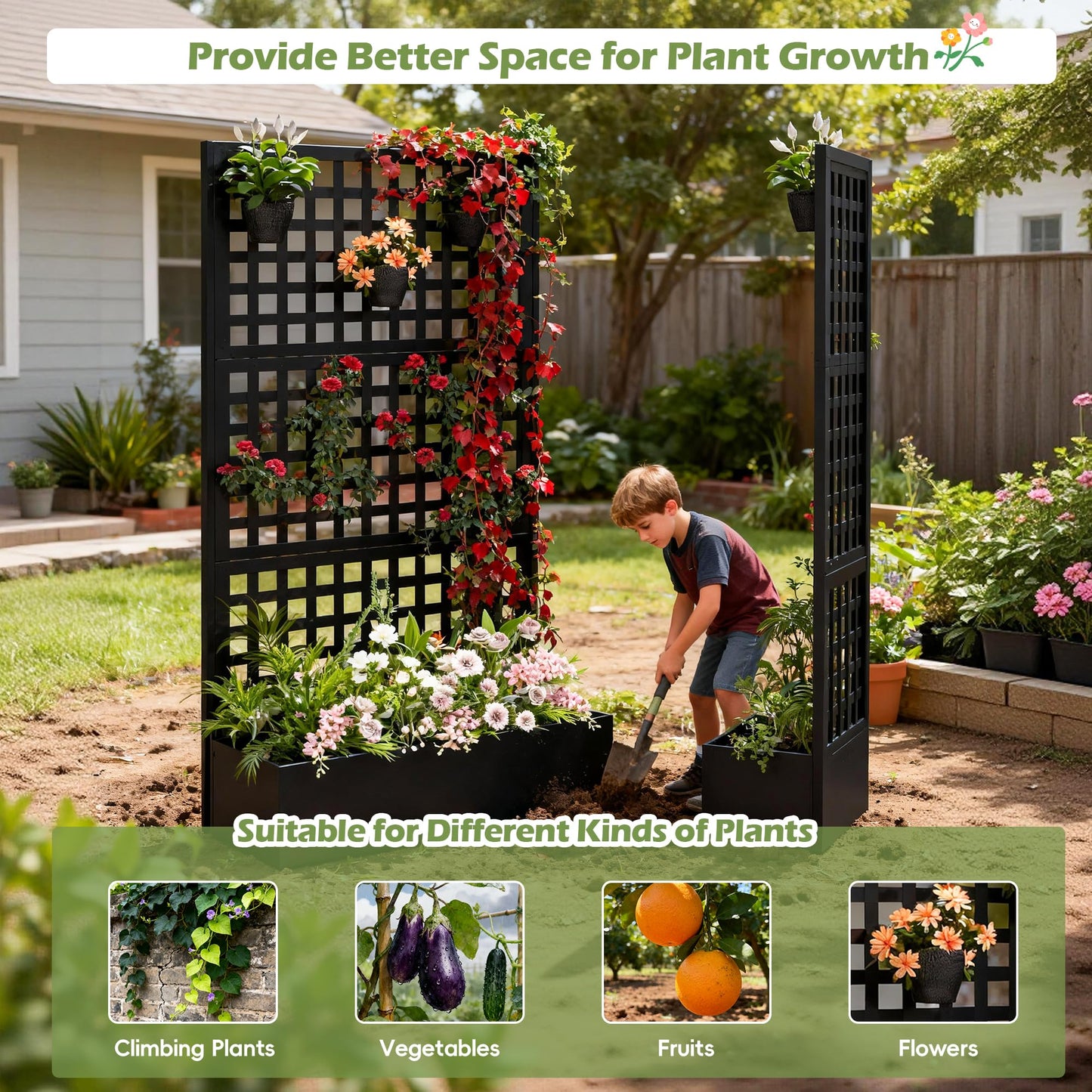 Callales Metal Planter Box with Trellis, Black Raised Garden Bed, Privacy Screen Planters with Trellis for Climbing Plants Vegetable Flowers Outdoor Indoor, Large 2Pcs Set