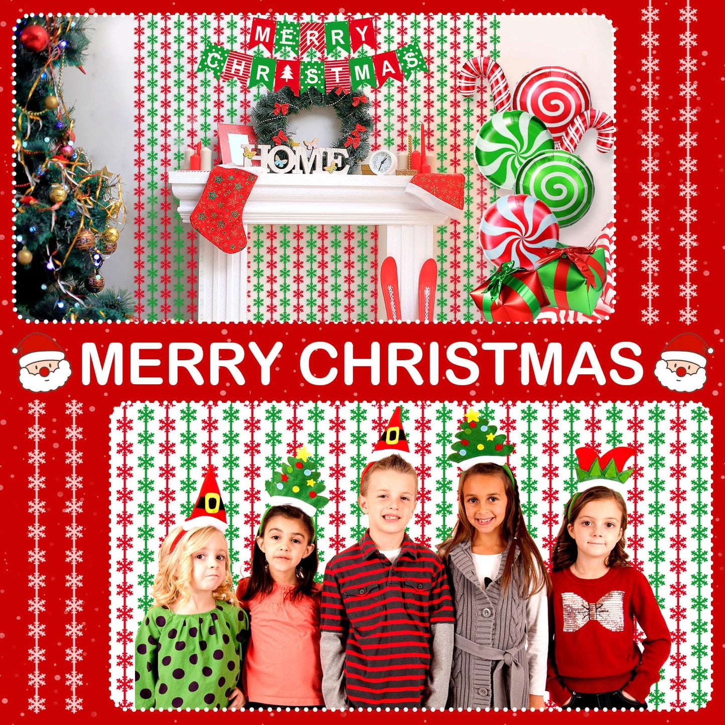 Blosssound 11PCS Christmas Decorations Set Xmas Foil Fringe Curtains Backdrop Christmas Banner Lollipop Candy Cane Balloon Red Green Snowflake Garland for Christmas New Year Ugly Sweater Party Decor