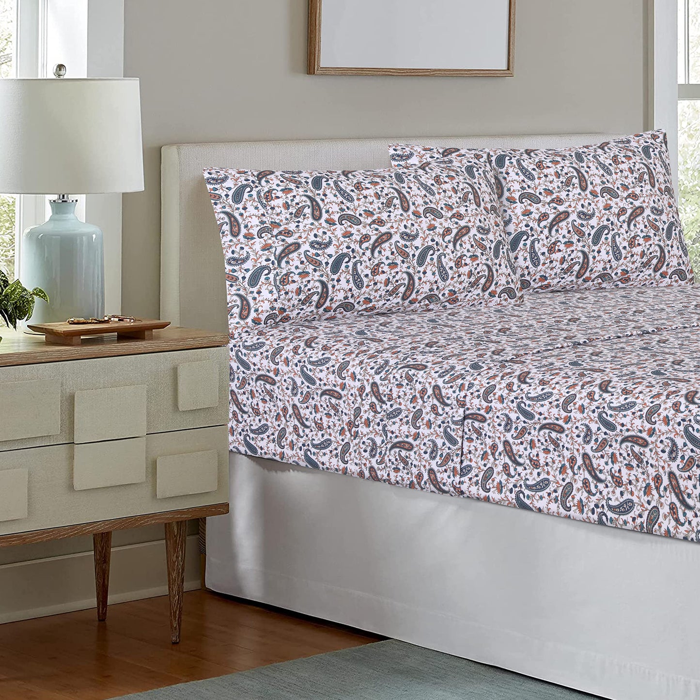 RUVANTI 100% Cotton Percale Sheets, Full Size, Teal Paisley