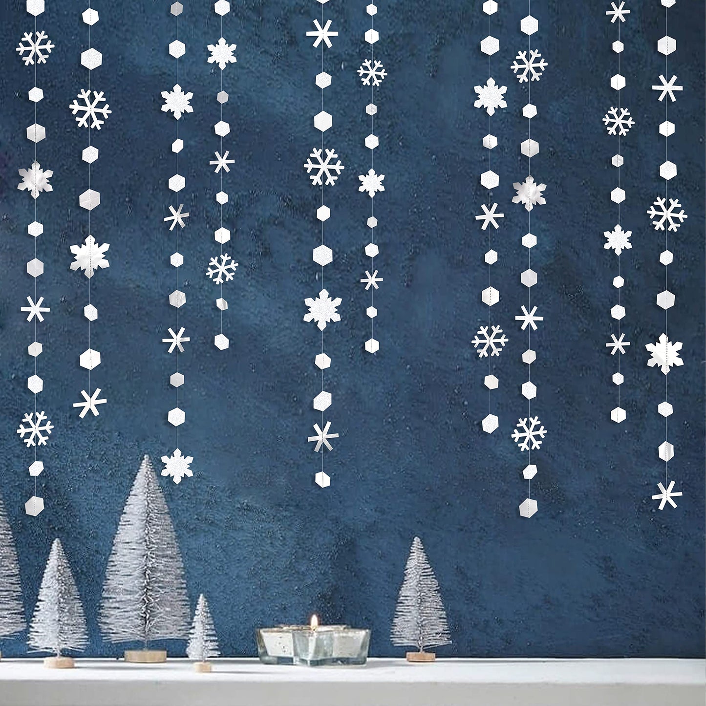 pinkblume 52Ft Winter Wonderland Party Decorations White Snowflake Garland Metallic Glitter Snowflakes Streamer for Winter Onderland Christmas Frozen Birthday Wedding Baby Bridal Shower Party Supplies