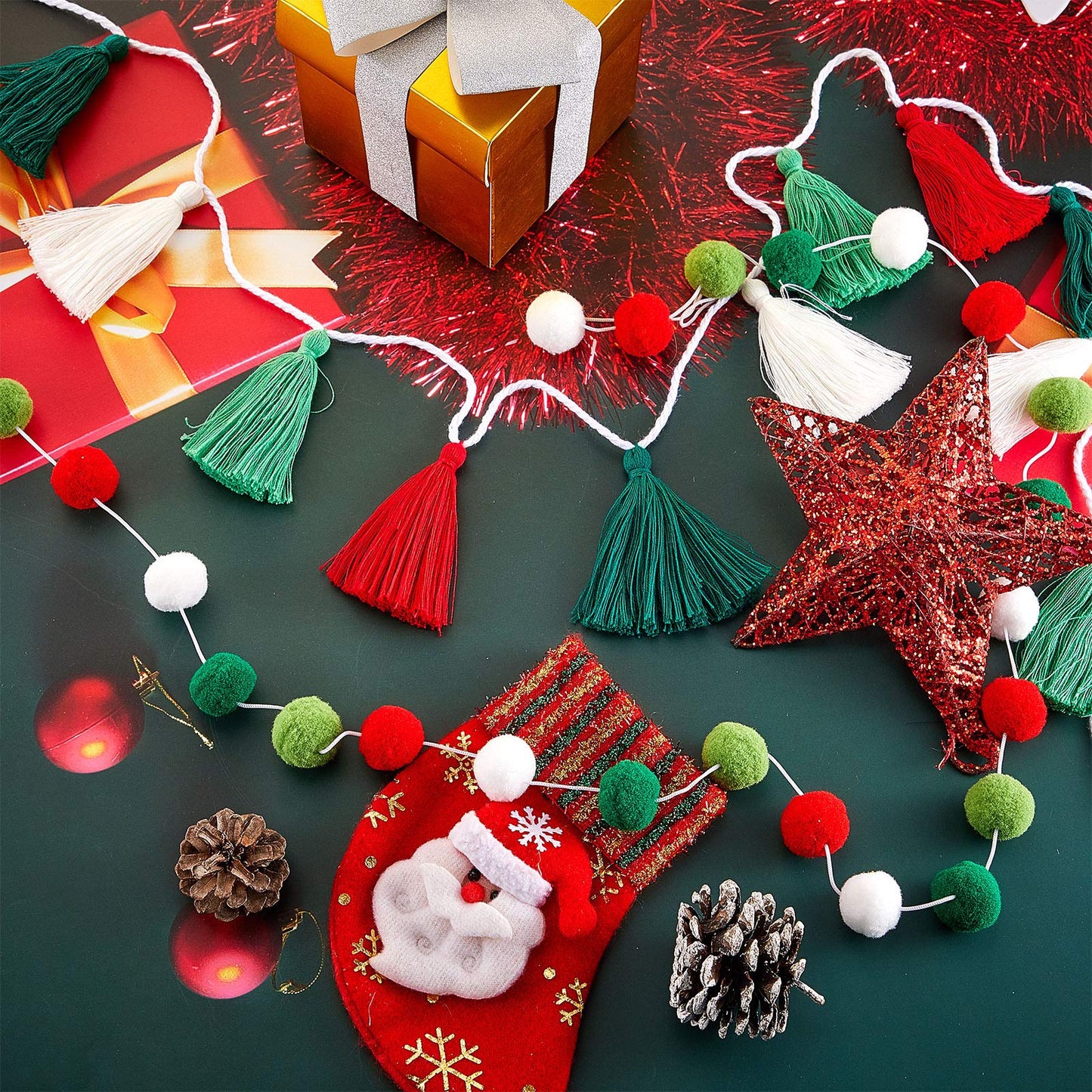 Syhood 4 Pcs Christmas Pom Pom Tassel Garland Felt Pompom Ball Banner Christmas Tassel Garland for Xmas Tree Hanging Decorations Holiday Party Supplies Home Decor(Red Green White)