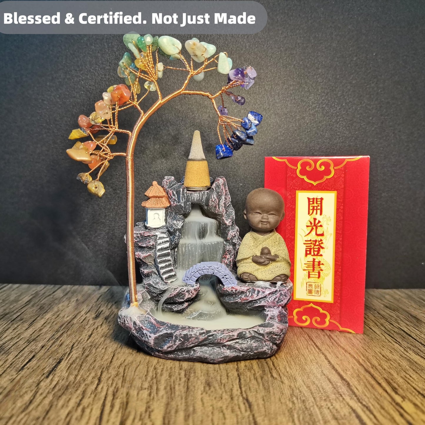 Buddha Incense Holder, Chakra Waterfall, Zen Incense Burner Backflow - 7.4" Gemstone Tree Waterfall, Desk Zen Fountain, Home Office Feng Shui Gift, Mother's Day, Birthday Gift