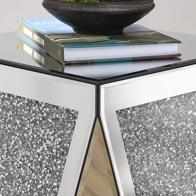 Inverted Triangular Mirror Square End Table, Crystal Diamond Inlaid Coffee Table