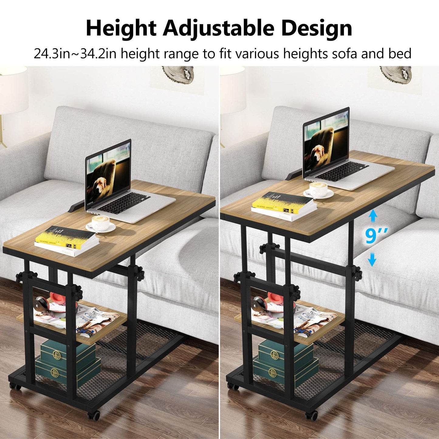 Tribesigns Height Adjustable C Table with Wheels, Mobile Couch Snack Side Table with Tiltable Drawing Board, Sofa Bedside Laptop Stand C Shaped TV Tray with Storage Shelves (Black+Oak)