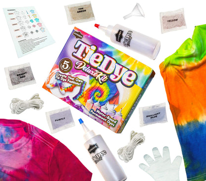 KUMBER Tie Dye Kit Kids - 5 Colours with Extra Dye Powder, Rubber Bands, Gloves and Funnel - Art and Craft Set for Dyeing Clothes, Creative Games & Activities - Suitable for Kids and Adults