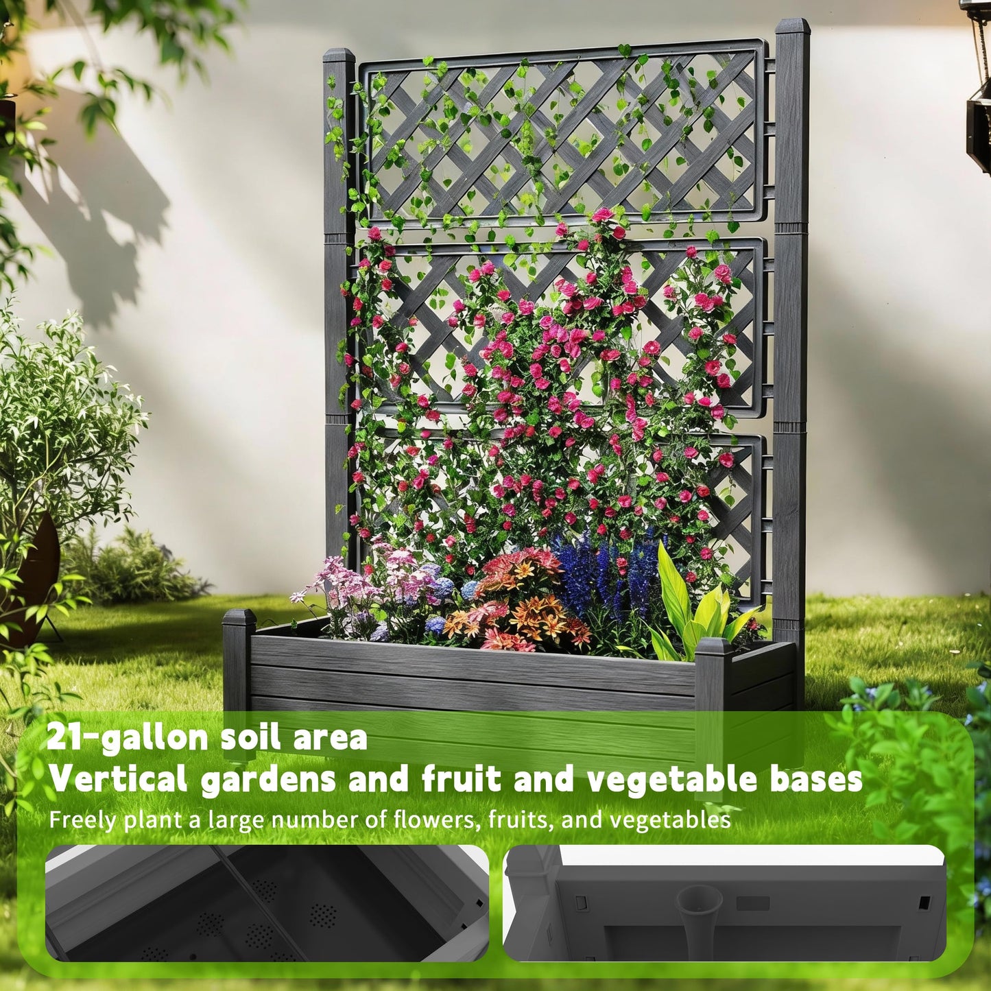 GYMHILL Elevated Raised Garden Bed with Trellis, 21 Gallon Self-Watering Outdoor Resin Planter Box with Lockable Wheels Drain Plug & Water Monitor for Plants Vegetables Flowers Fruits (Black)