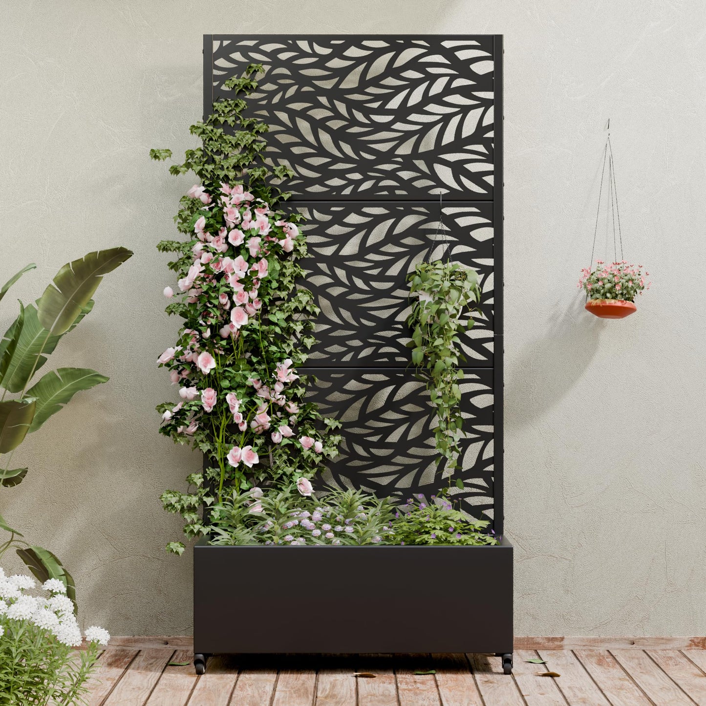 Casaphoria Metal Raised Garden Bed with Trellis and Wheels, 72"x35"x16" Planter Box for Climbing Plants, Vegetables & Vines, Features Drainage Holes and Privacy Screen (Black-Spring)