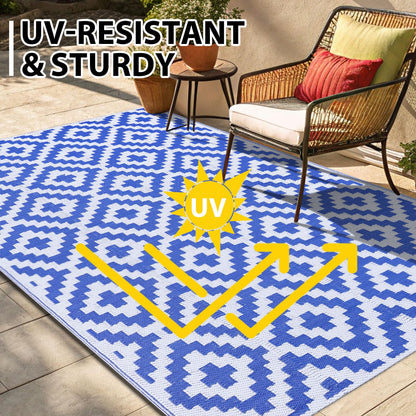 Smiry Waterproof Outdoor Rug 10X14 ft, Reversible Plastic Straw Patio Camping Rugs, Outdoor Indoor RV Mat Carpet for Patio, Outside Entry, Backyard, Deck, Bench, Picnic, Camper, White & Blue