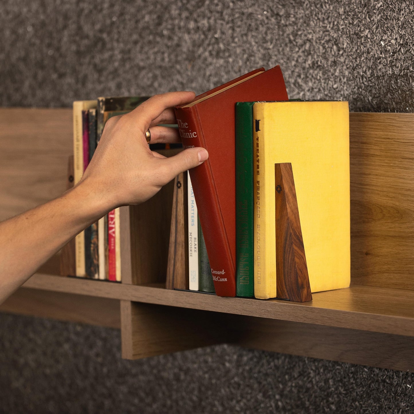 TILISMA Walnut Bookends for Shelves | Wooden Book Ends for Shelves | Sturdy Book Holders, Stoppers with Metal Base for Bookshelves | Slick Decorative Bookends Stands Firmly on Bookshelf (Pair)