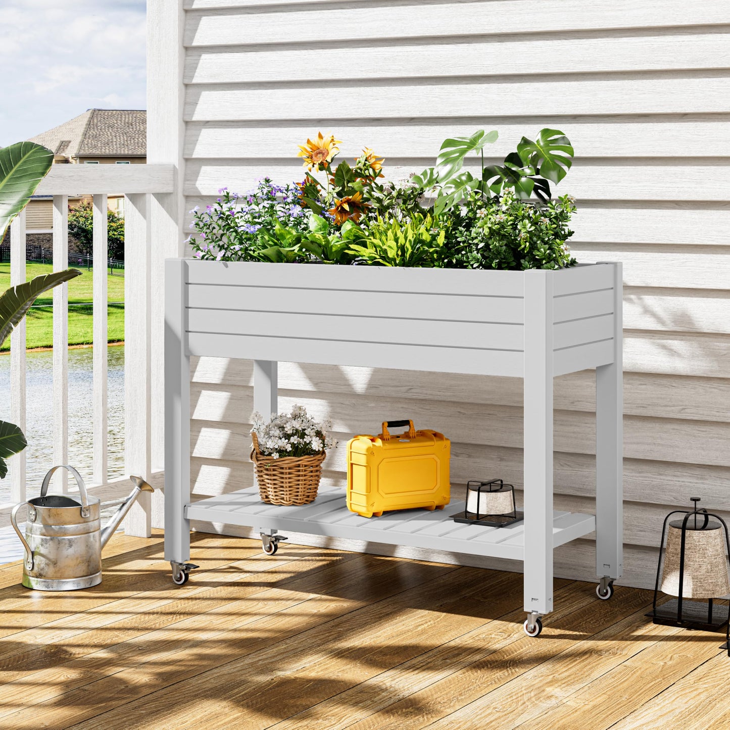 WTFGO Raised Garden Bed with Wheels, Divisible Resin Planter Box with Drainage Gauge & Storage Shelf, Herb Planter for Garden Patio Backyard, Ashen (33.7" h)