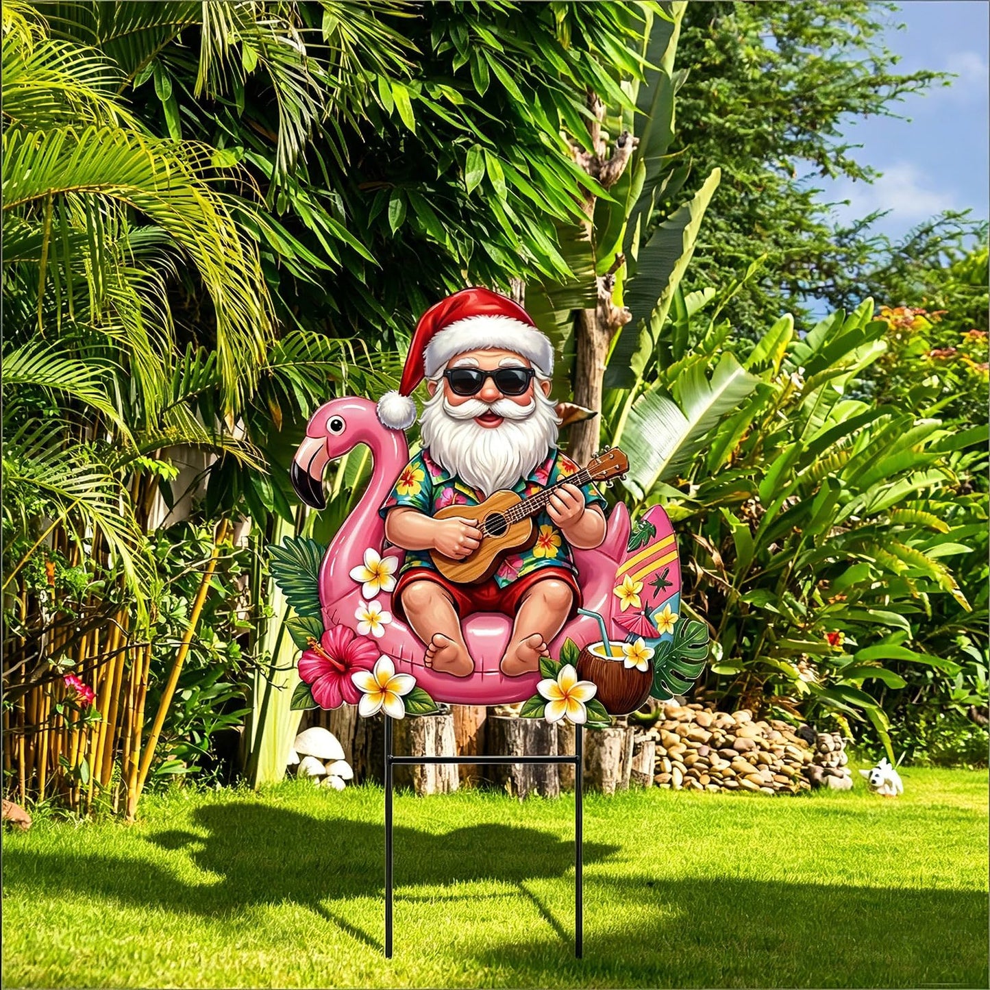 Amyhill July Christmas Outdoor Decor Summer Christmas Metal Yard Sign with Stake Tropical Flamingo Santa Claus Decorative Lawn Sign for Indoor Outside Garden Pathway Walkway Holiday Hawaii Party Decor