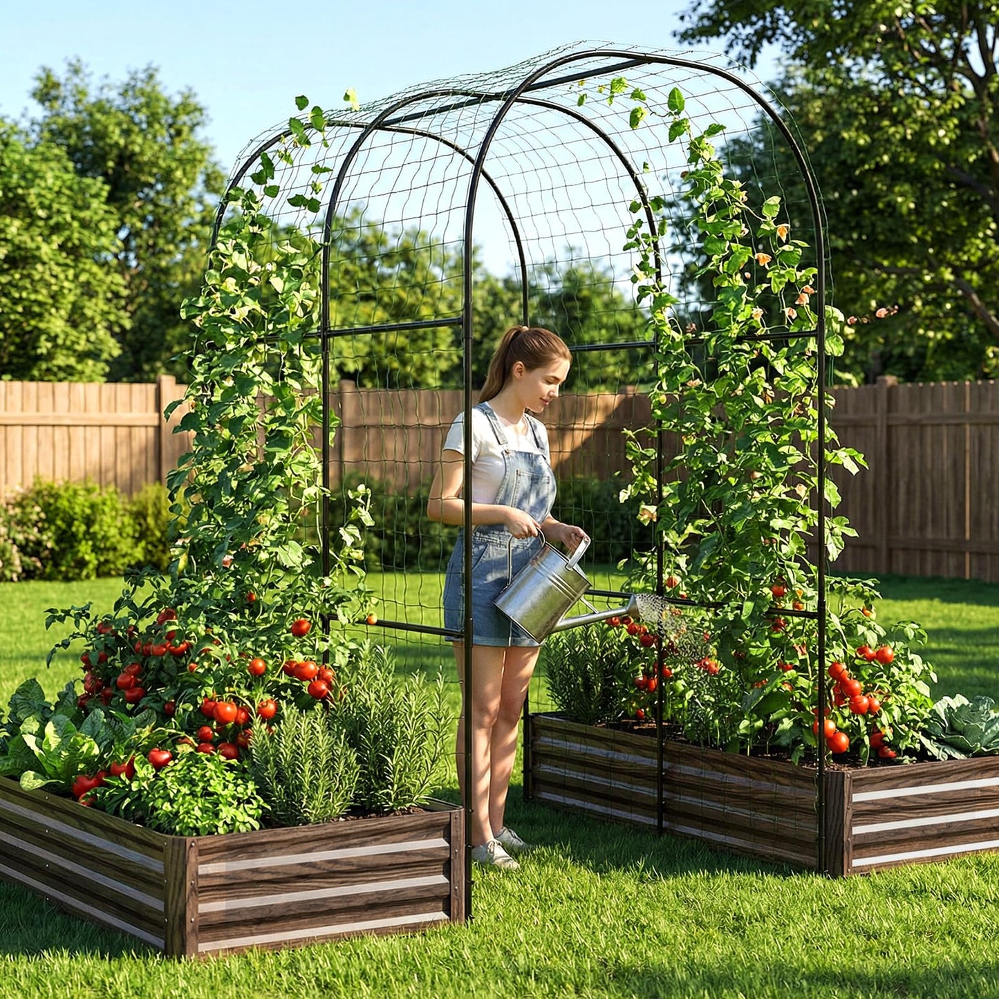 SUNYRISY Galvanized Raised Garden Bed with 87" H Arch Trellis for Climbing Plants Outdoor, Large Metal Planter Box with Netting for Gardening Flowers Vegetables Fruit, Wood Grain