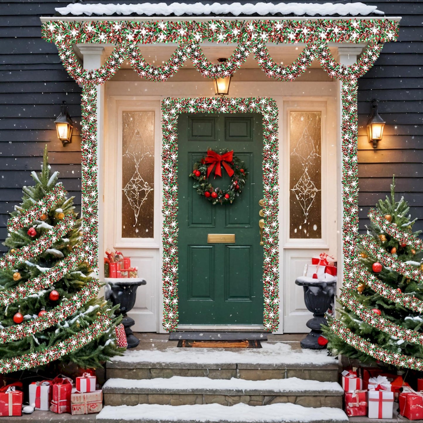 50 FT Christmas Decorations, Christmas Tinsel Garland with Snowflake Shiny Metallic Twist Red Green Silver Christmas Garland for Home Tree Mantle Stairs Indoor Outdoor Xmas Party Decorations