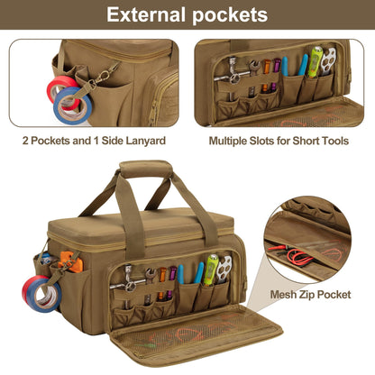 Rexmica 14-Inch Tool Bag with Anti-friction Bottom, Hand Tool Storage Organizer for Men, Tactical Range Bag, Multi-purpose Work Tote for Repairman, Carpenters, Handyman, Khaki