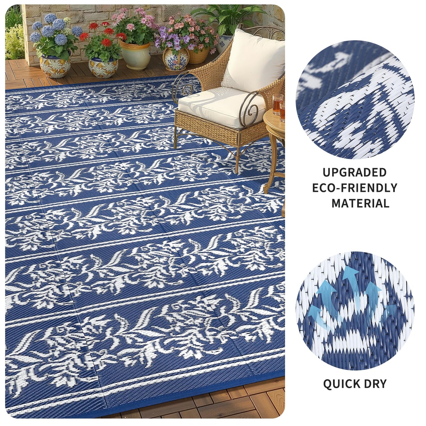 GarveeHome Outdoor Rug 9x18 Waterproof for Patio, Reversible Outdoor Plastic Straw Rug, Wallpaper Flower Indoor Outdoor Mat Carpet for RV, Camping, Deck, Backyard, Picnic, NavyWhite