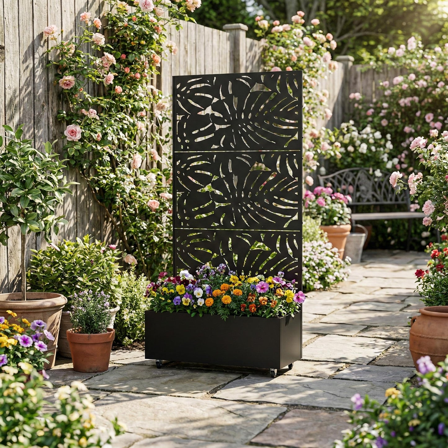 Qatiby Metal Raised Garden Bed with Trellis and Wheels, 71"x35"x16" Planter Box with Privacy Screen & Drainage Holes, Mobile Outdoor Garden Bed for Climbing Plants, Vegetables, Flowers (Black-Summer)