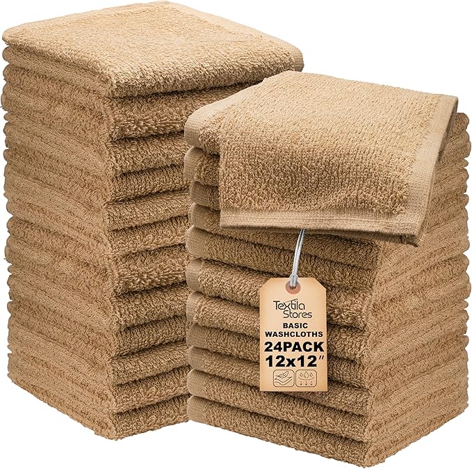 Basic Wash Cloths 12x12 Inches – Bulk Pack of 24 – Beige Color – Soft and
