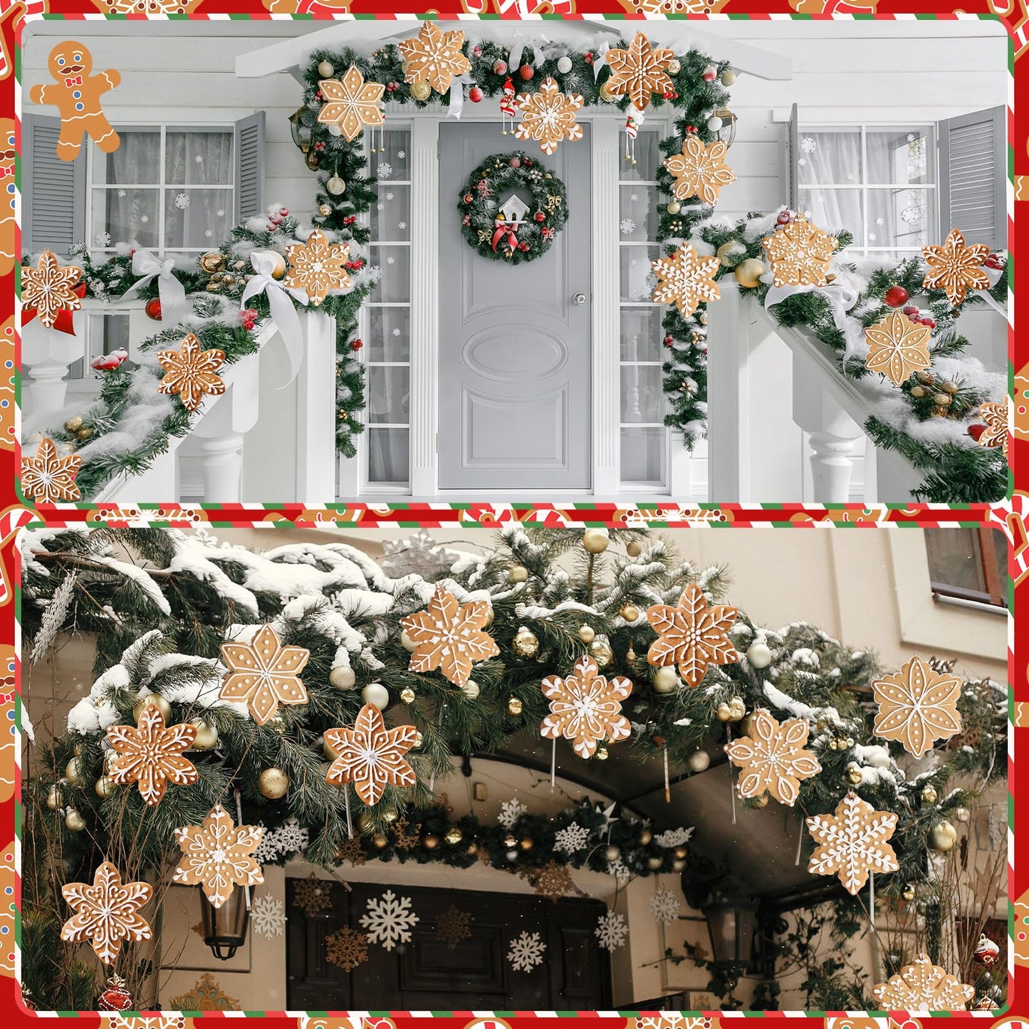Soaoo 36 Pcs 7.9 Inch Gingerbread Snowflake Christmas Outdoor Decorations Large Hanging Christmas Ornaments Double Sided Xmas Plastic Decor for Xmas Tree Office Home Yard Porch Holiday
