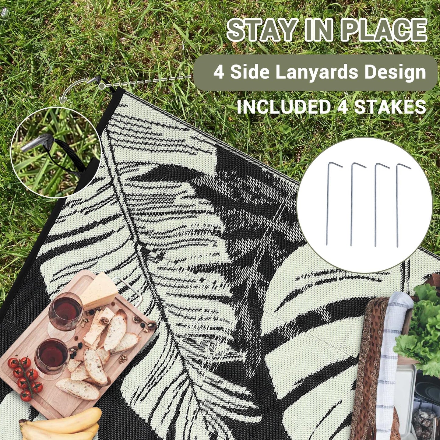 MilleLoom Waterproof Plastic Straw Outdoor Rug 9x18 Patio Reversible UV Resistant Foldable Camping Carpet Modern Leaf Print Large Outdoor Rugs for Deck, Porch, Camper, Balcony, Beach，Black/Beige