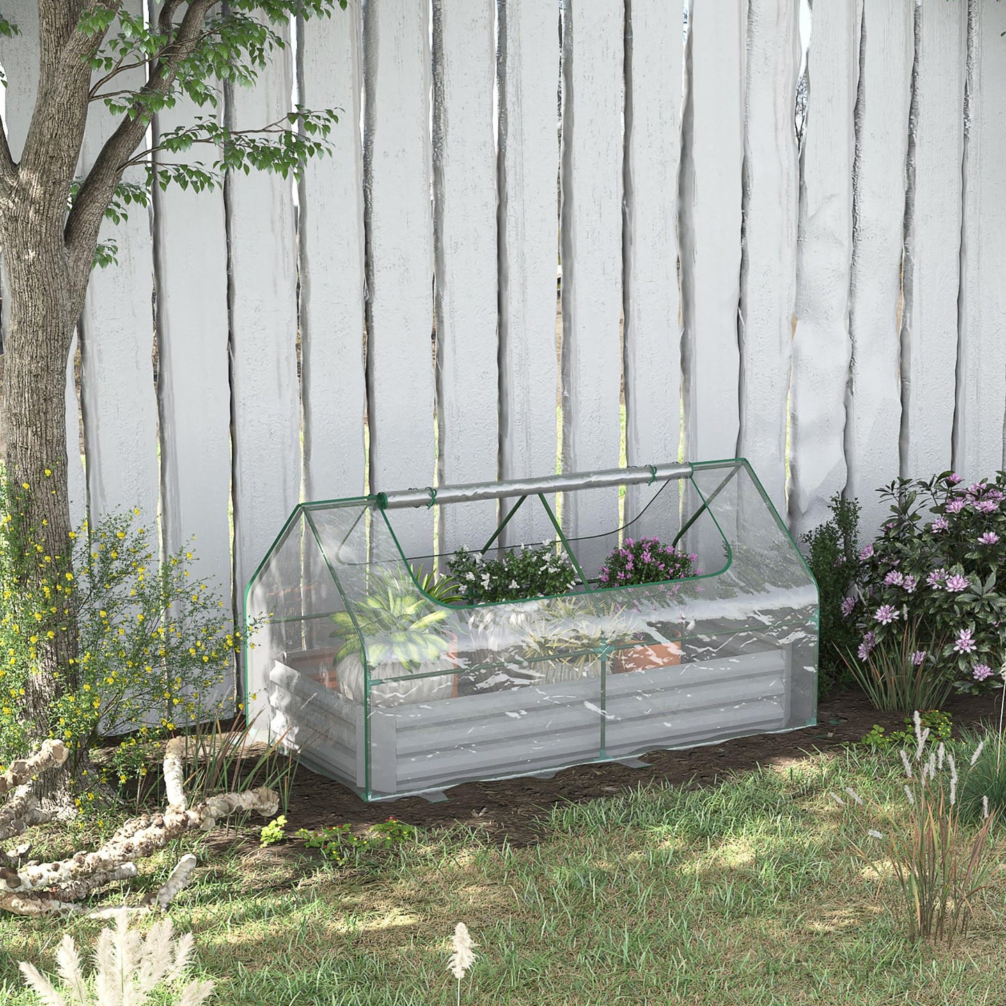 6' x 3' Galvanized Raised Garden Bed with PVC Greenhouse Cover, Outdoor Metal Planter Box with 2 Roll Up Windows for Growing Flowers, Fruits, Vegetables and Herbs, Light Gray
