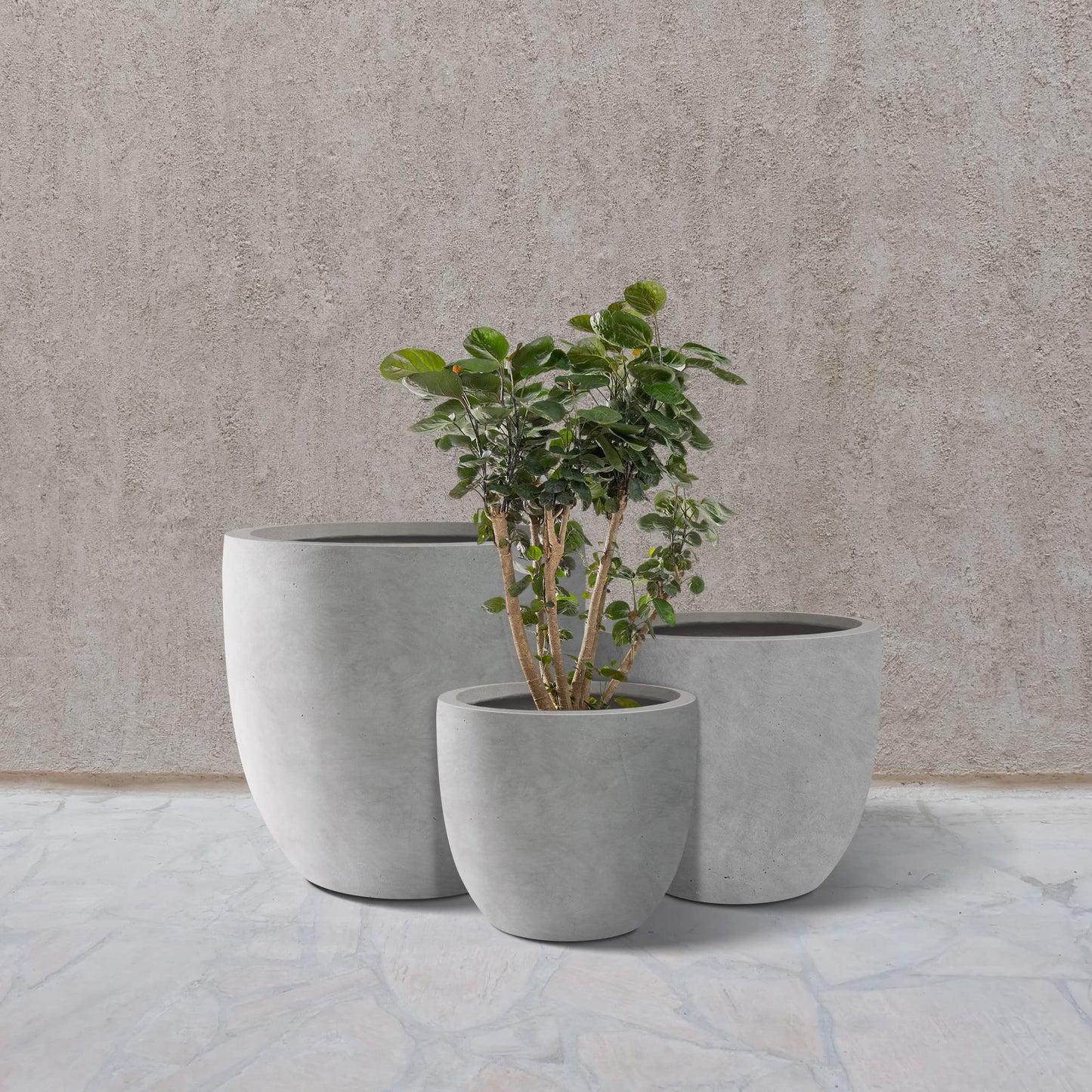 Kante 20",16.5",13.4" Dia Round Concrete Planters (Set of 3), Outdoor Indoor Modern Decorative Plant Pots with Drainage Hole & Rubber Plug for Home & Garden, Natural Concrete