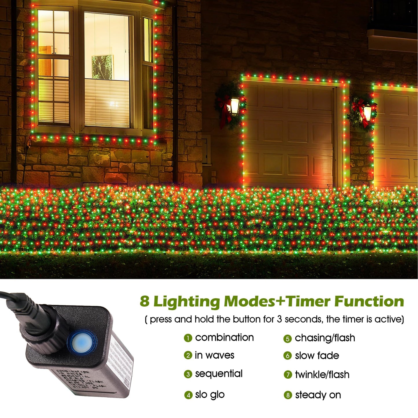 BlcTec Outdoor Christmas Lights 200 LED 8.4ft x 5.2ft Christmas Net Lights with 8 Modes, UL Certified, Timer, Connectable, Waterproof for Trees, Bushes, Yard Outdoor Holiday Decorations, Red Green