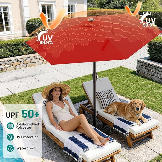 AreShark 7.5FT Patio Umbrella Table Market Umbrella with 6 Sturdy Ribs, Button Tilt/Crank Heavy-Duty Round Outdoor Umbrellas for Garden, Deck, Backyard,and Pool, Red